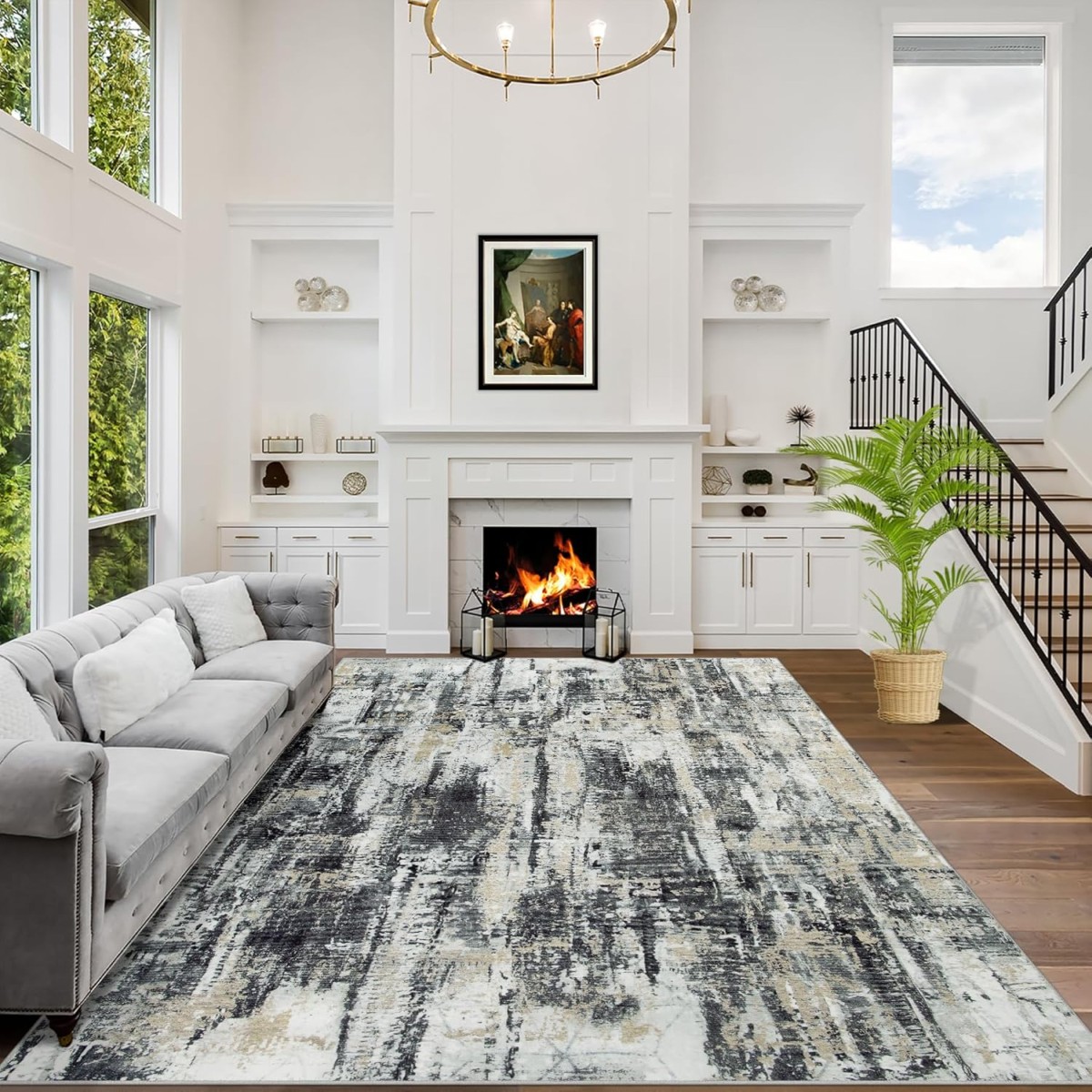 8x10 Modern Abstract Washable Rug (Black/Grey/Gold)